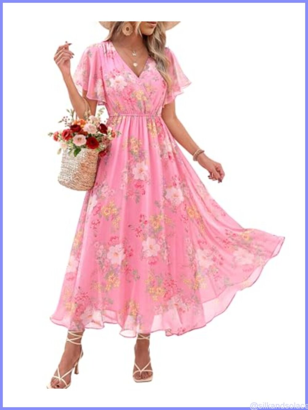 Chiffon Floral Wrap V-Neck Short Sleeve Maxi Dress Casual Wedding Guest